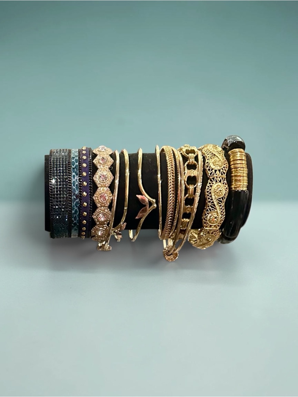 Signature Faith Boho Black Gold Bangle Bracelet Stack Set Mixed Media Rhinestone